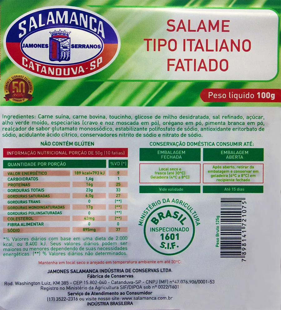 Salame Tipo Italiano Fatiado Cartela 100 gramas